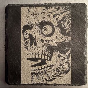 Handmade AI Generated Skull Art Laser Engraved on Slate Coasters x 2